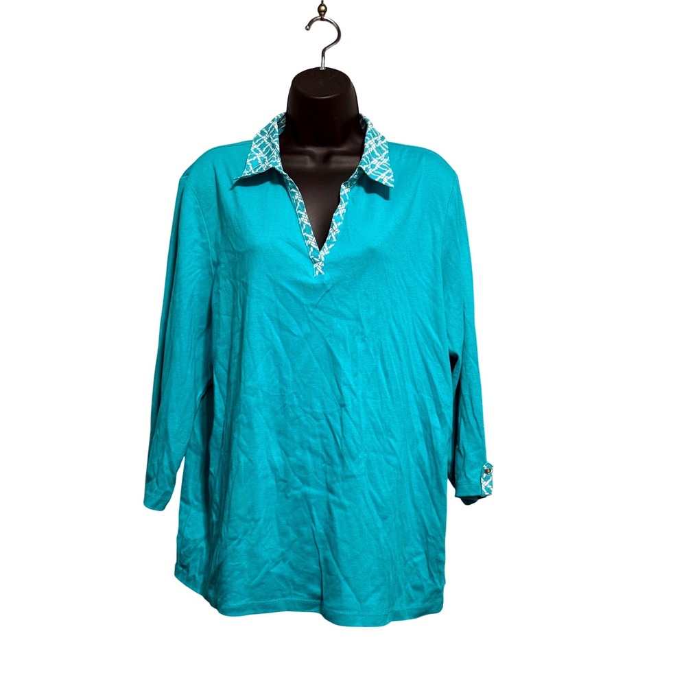 Karen Scott Woman Turquoise Cotton Split Neck 3/4 Sleeve Top 2X